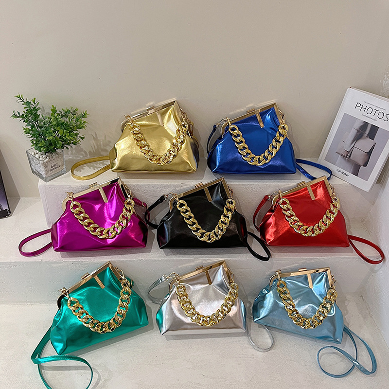 glossy women's clip bag 2024 new solid color simple chain bag one-shoulder cross-body evening bag