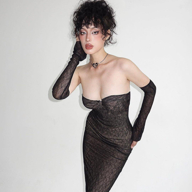 Summer Lace Strapless Bodycon Dress Elegant Fit Sexy Design with Sleeves Perfect for Parties and Night Out