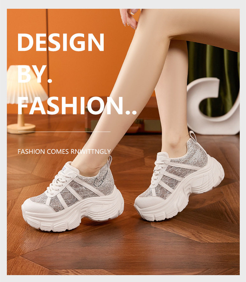 Giày sneaker nữ chunky đế dày rhinestone phong cách đế xuồng, gót siêu cao 8cm, form mũi tròn, cổ thấp, dây buộc — Hồng, Bạc, Trắng chi tiết 13
