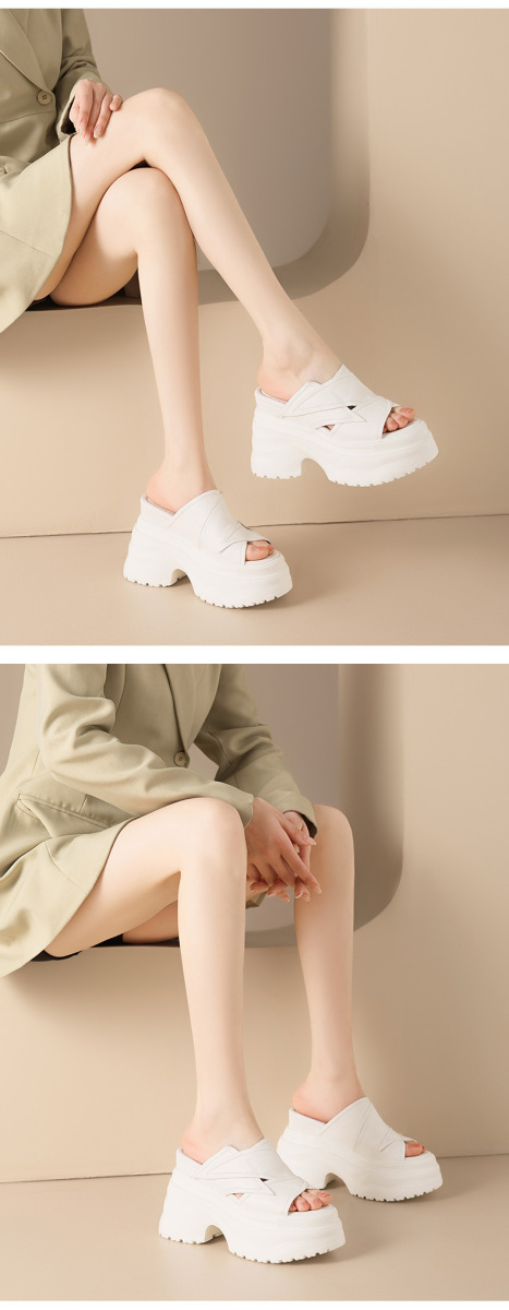 Dép sandal nữ quai ngang đế dày tăng chiều cao 12cm, mũi hở, da bò thật — màu đen, Màu trắng ngà-