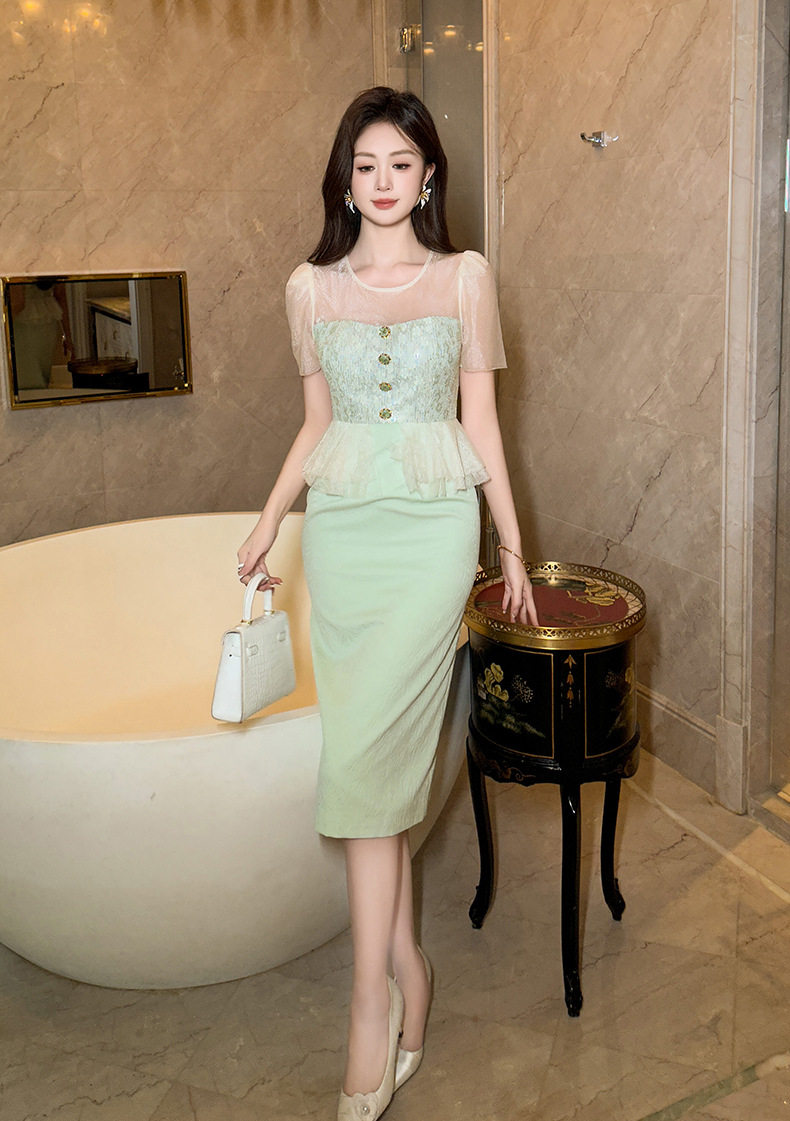 Đầm suông midi phối túi đeo hông dây kéo, thiết kế giả hai lớp tay ngắn cổ vuông — [Xanh nhạt] chi tiết 10