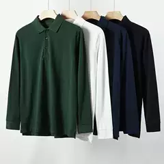 230g Plaid Placket Pure Cotton Pique Men's Casual Long-Sleeve Polo Shirt Business Gentleman's Turn-Down Collar British Old Money Style