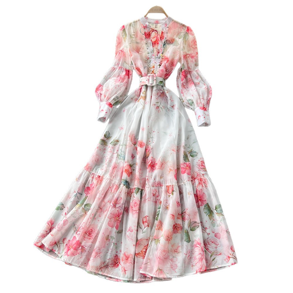 Floral Print A Line Dress with Rhinestone Accents Long Sleeve High Waist Elegant Style Spring Office Wear Wholesale