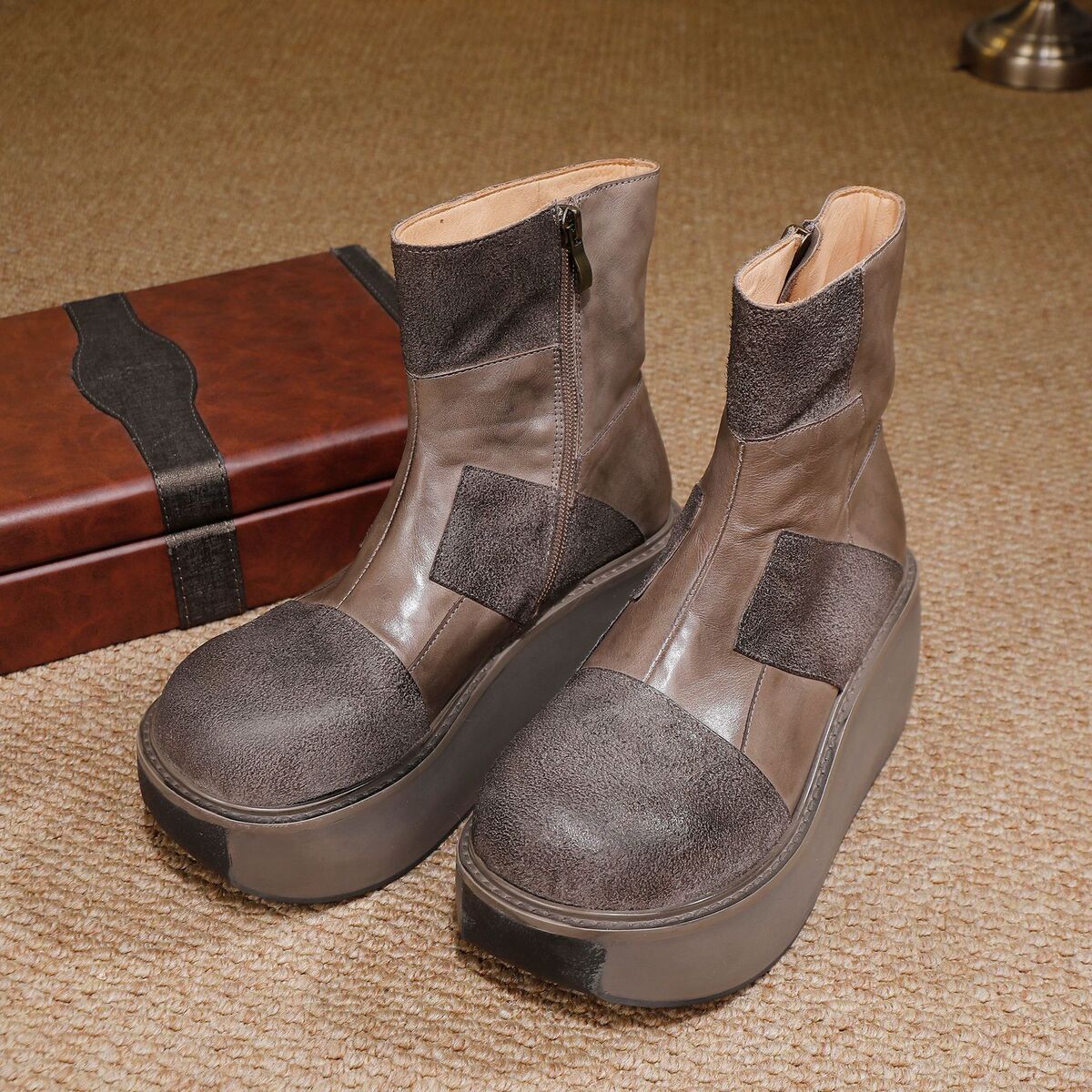 Boot nữ cổ thấp da bò thật đế dày phong cách cổ điển — màu cà phê, màu xám