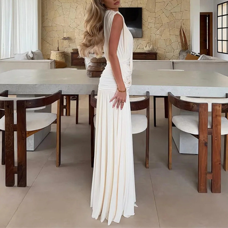 Womens Summer Dress Fashionable V Neck Ruched Design Slim Fit Long Length Perfect for Vacation or Casual Occasions