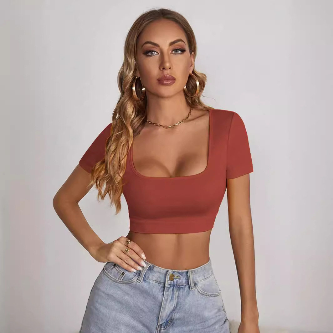 Summer Womens Crop Top Square Neck Slim Fit Short Sleeve Trendy Street Style Wholesale Available