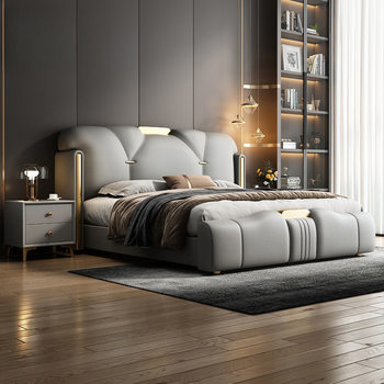 Custom Italian Genuine Leather Bed, Light Luxury Modern Minimalist Double Bed, Master Bedroom Internet Celebrity Large Bed, Multifunctional Storage Bed, Cross-Border