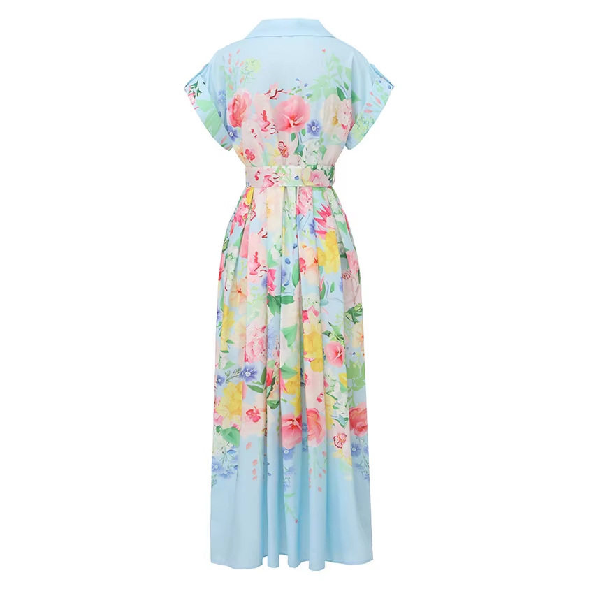 Elegant Floral Print Dress High Quality Fabric Shoulder Patch Sleeve Waist Tie Flared Hem Perfect for Spring and