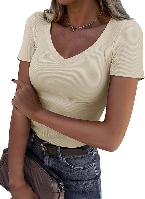 跨境亚马逊新款欧美爆款螺纹坑条修身长款长袖性感V领休 闲女T