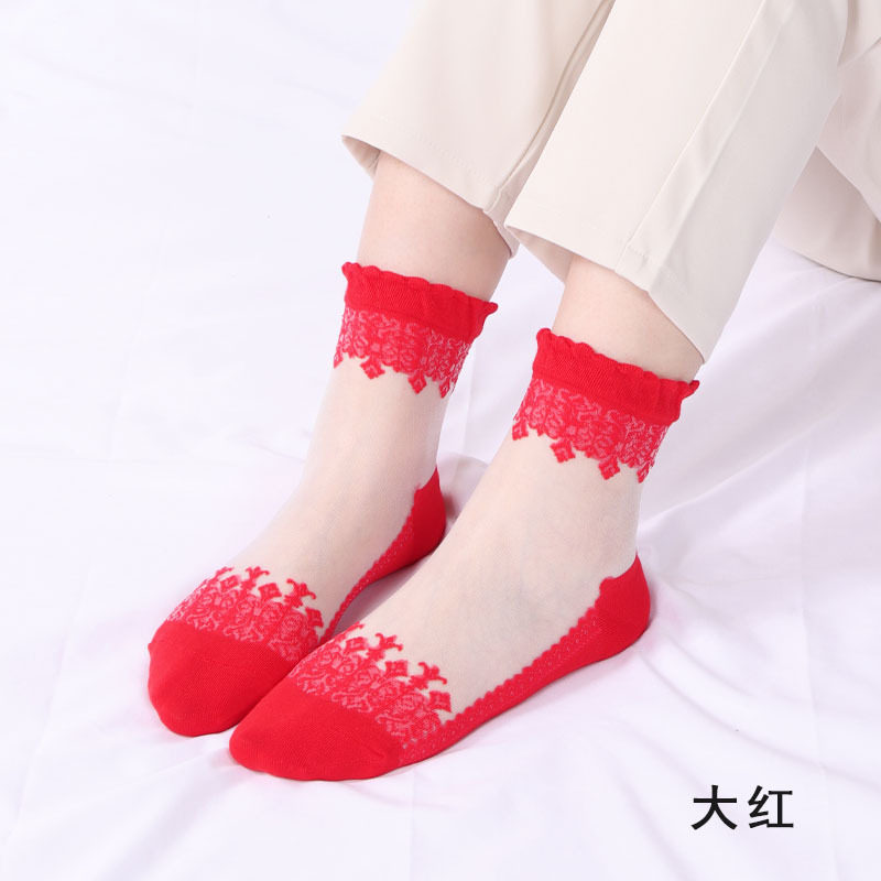 春季薄款中筒袜棉底玻璃丝袜子女蕾丝花边短款袜子防滑透气水晶袜