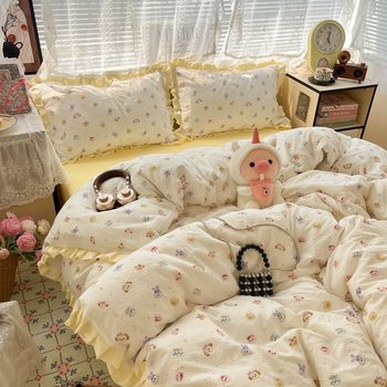 Category a Maternal and Infant Grade Pure Cotton Lace Four-Piece Set Ins Small Fresh Cotton Double-Layer Yarn Student Dormitory Three-Piece Bedding Set