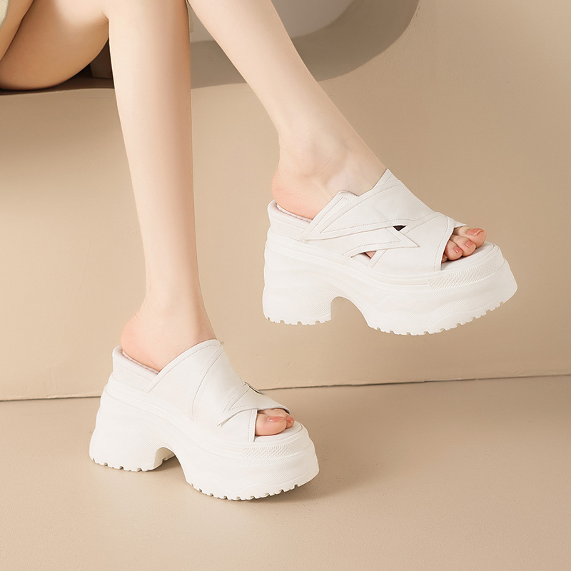 Dép sandal nữ quai ngang đế dày tăng chiều cao 12cm, mũi hở, da bò thật — màu đen, Màu trắng ngà-