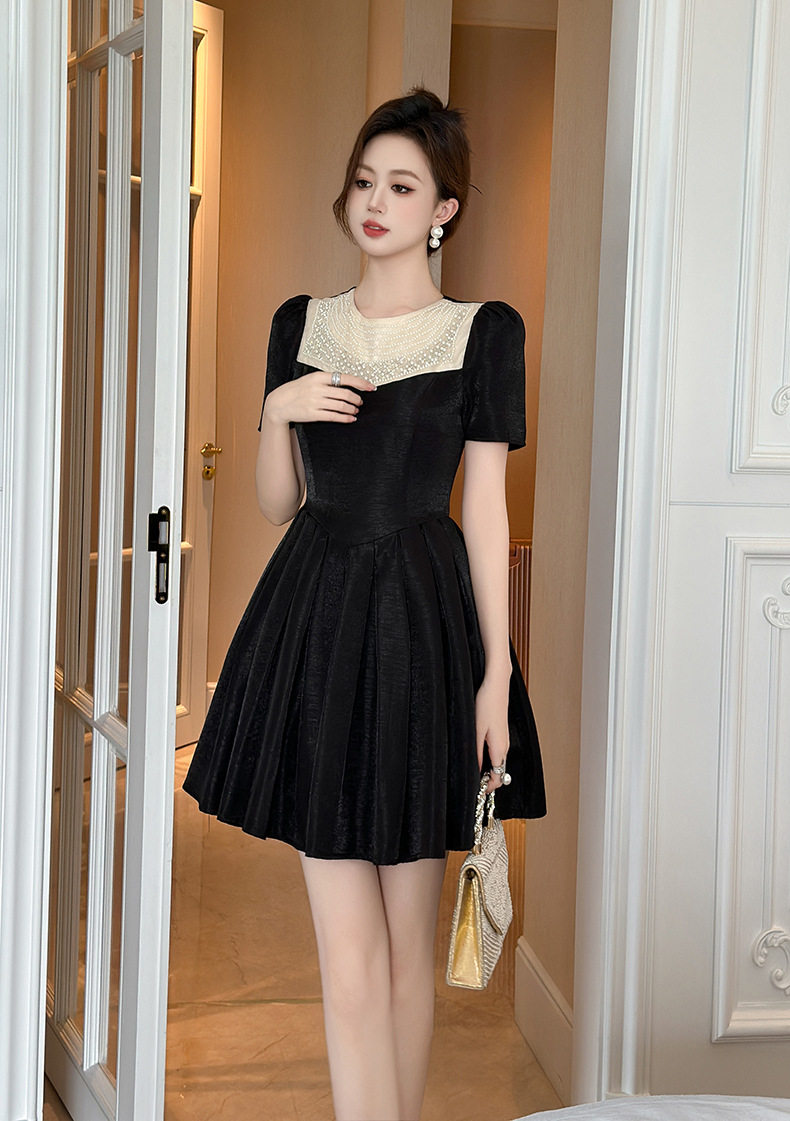 Đầm ôm body nữ cổ tròn tay ngắn eo cao phong cách Pháp — [Đen trứng cá] chi tiết 6