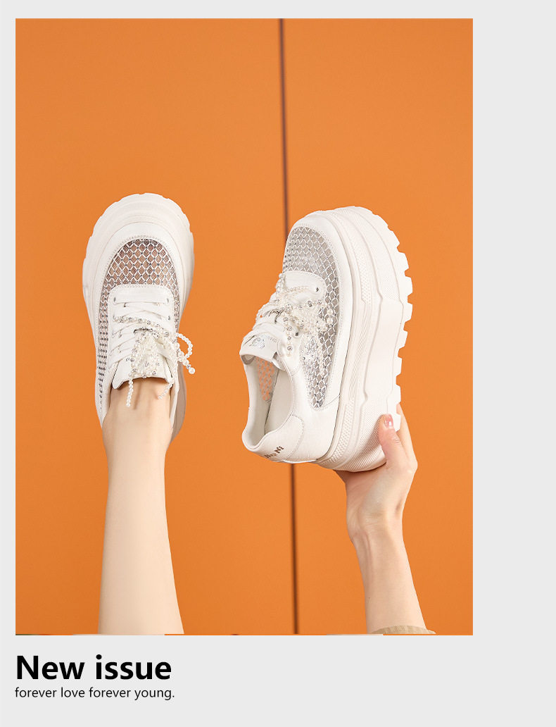 Giày sneaker nữ chunky đế dày rhinestone trắng 2025 — Bạc, Trắng chi tiết 12