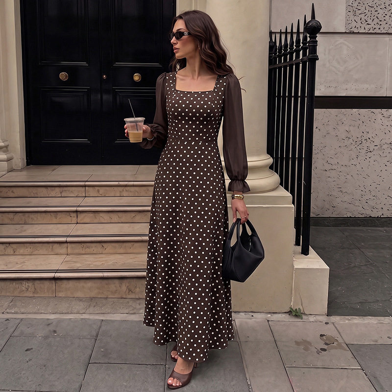 French Style Polka Dot Long Sleeve Dress Elegant Square Neck Chic Patchwork Design Perfect for Spring and Summer Events