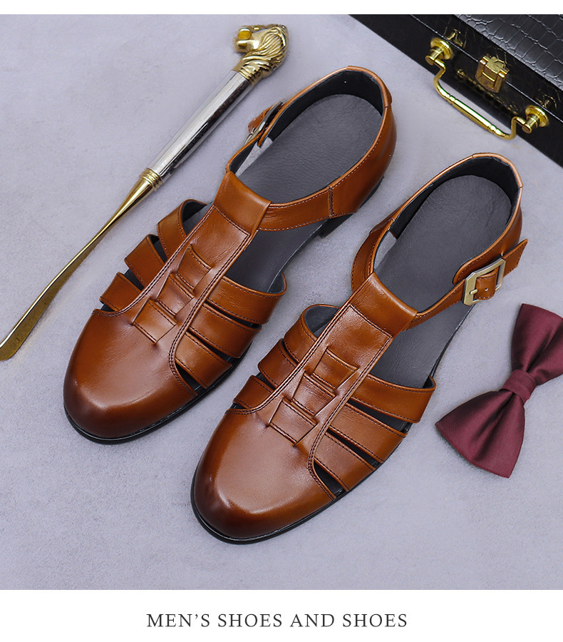 Dép sandal nam bít mũi da bò cổ điển khóa cài thoáng khí — Màu nâu, Màu đen