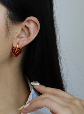 女生礼物复古轻奢红色爱心滴油皮绳编织手链in女百搭小众简约耳环