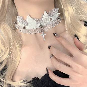 Dark Style Spice Girl Collar Angel Wings Lace Neck Chain Female Rivet Niche lolita Necklace Cross Neck Chain