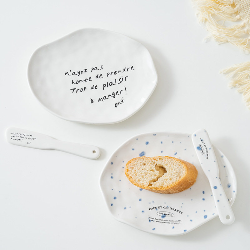 Korean blogger same style niche irregular dessert plate simple letter butter jam knife ceramic Western cheese plate