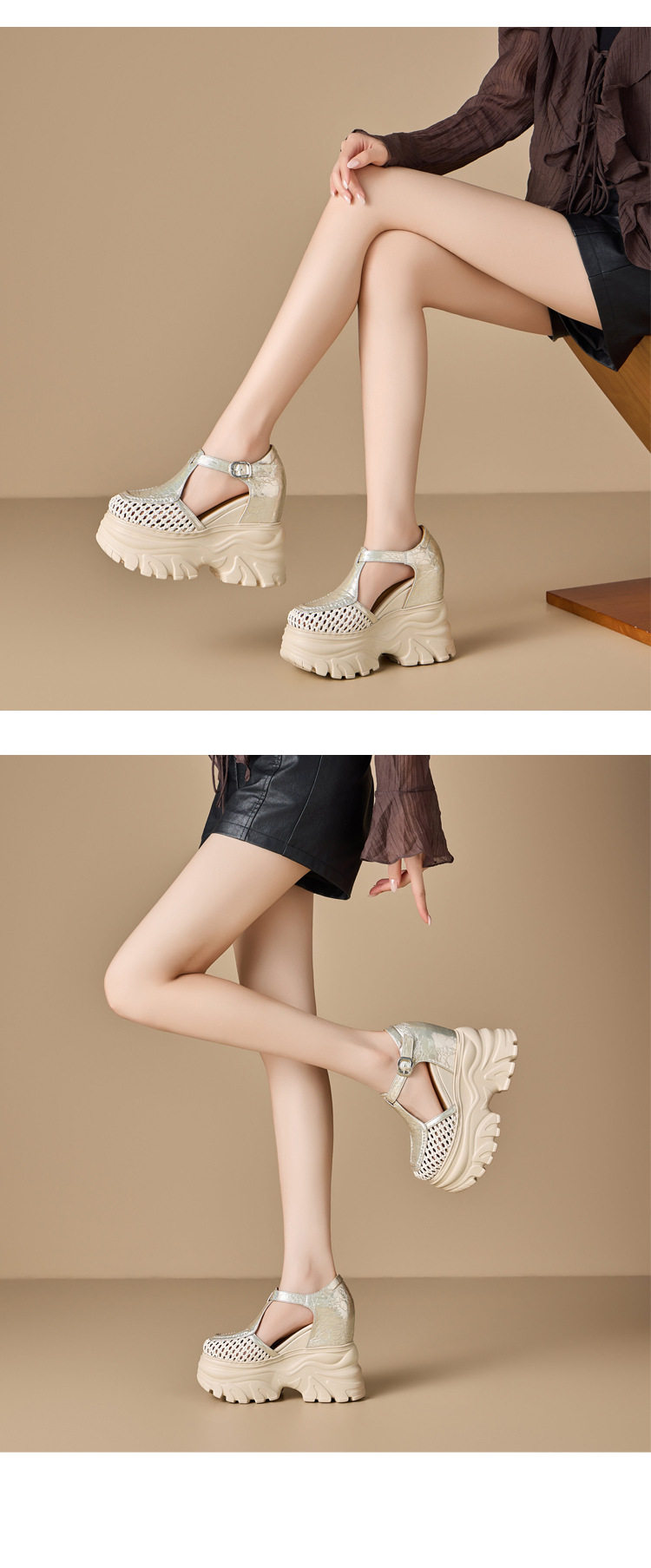 Sandal cao gót nữ đế xuồng 14cm dệt lưới mũi tròn hở mũi — [Trắng kem], [Đen], [Vàng nhạt] chi tiết 4