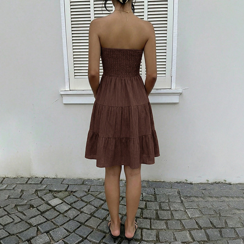 Sweet Vacation Style Solid Color Textured Strapless Cake Dress Elegant Design Comfortable Fit Perfect for Summer Events