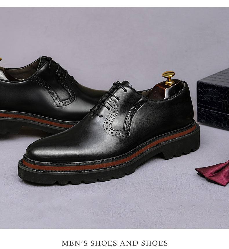 Giày Oxford nam da bò đế dày chạm khắc brogue mũi tròn — màu đen, Màu be