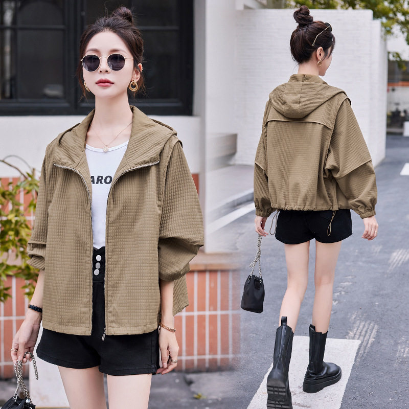 Áo Khoác Nữ Dáng Ngắn Có Mũ Trùm Đầu Thiết Kế Rộng Phong Cách Hàn Quốc Màu Xanh Olive, Nâu