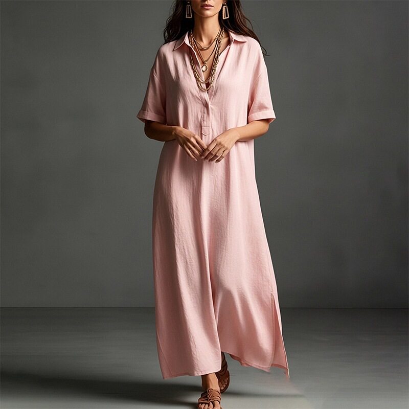 Womens Short Sleeve Polo Neck Long Dress Solid Color Casual Style Beach Vacation Wholesale Available
