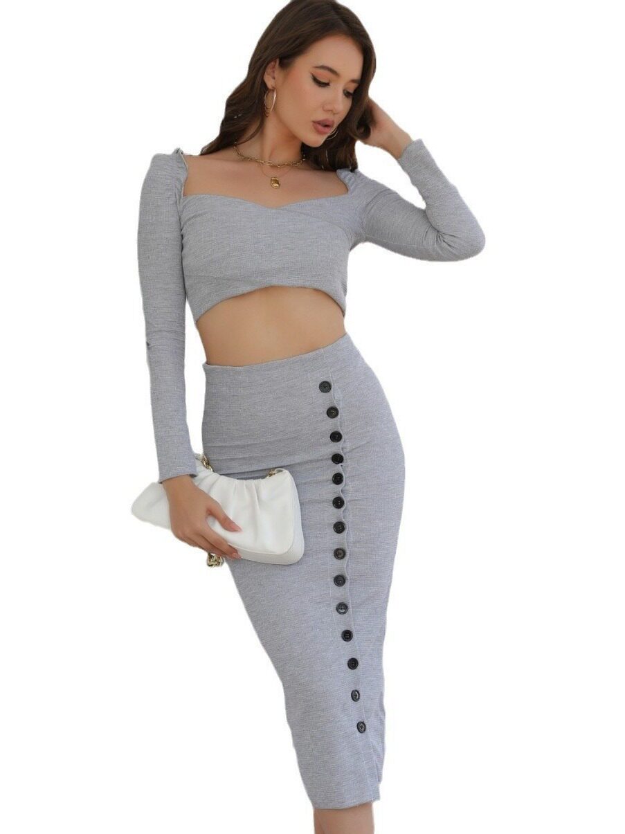 Knitted Crop Top and Bodycon Skirt Set Long Sleeve Cropped Split Hem Autumn Winter Fashion Wholesale Available