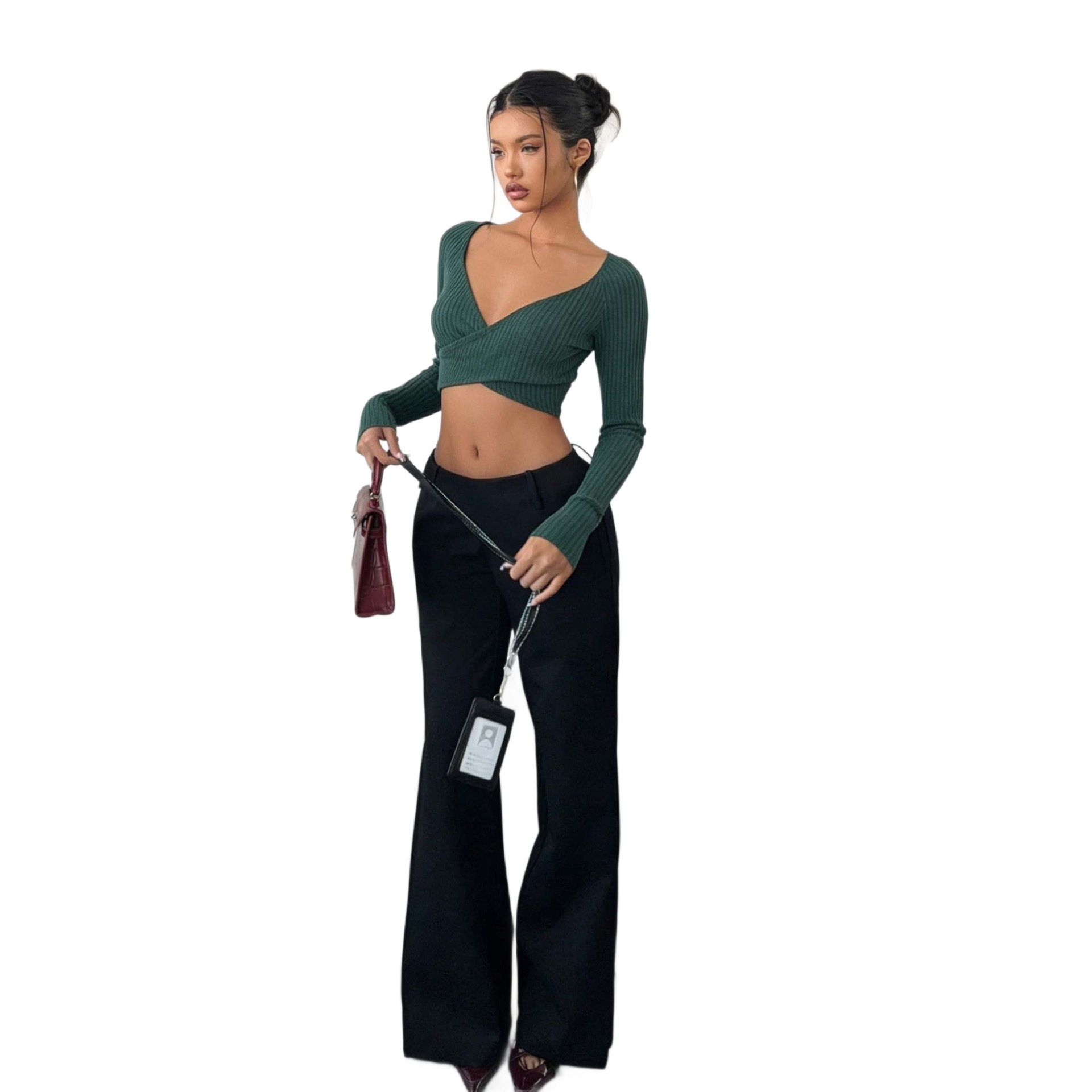 V Neck Long Sleeve Crop Top Slim Fit Waist Cinching Stylish Design Casual Wear for Women Wholesale Available