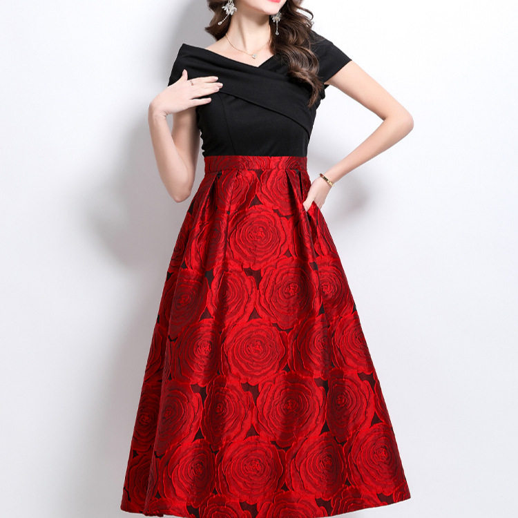 Elegant Womens Dress High End One Shoulder Design Waist Cinching Floral Pattern Flared Skirt Perfect for Formal