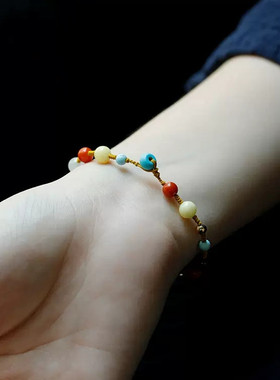 原创多宝手串运转珠南红蜜蜡和田玉碧绿松石青金石珍珠配饰手链女