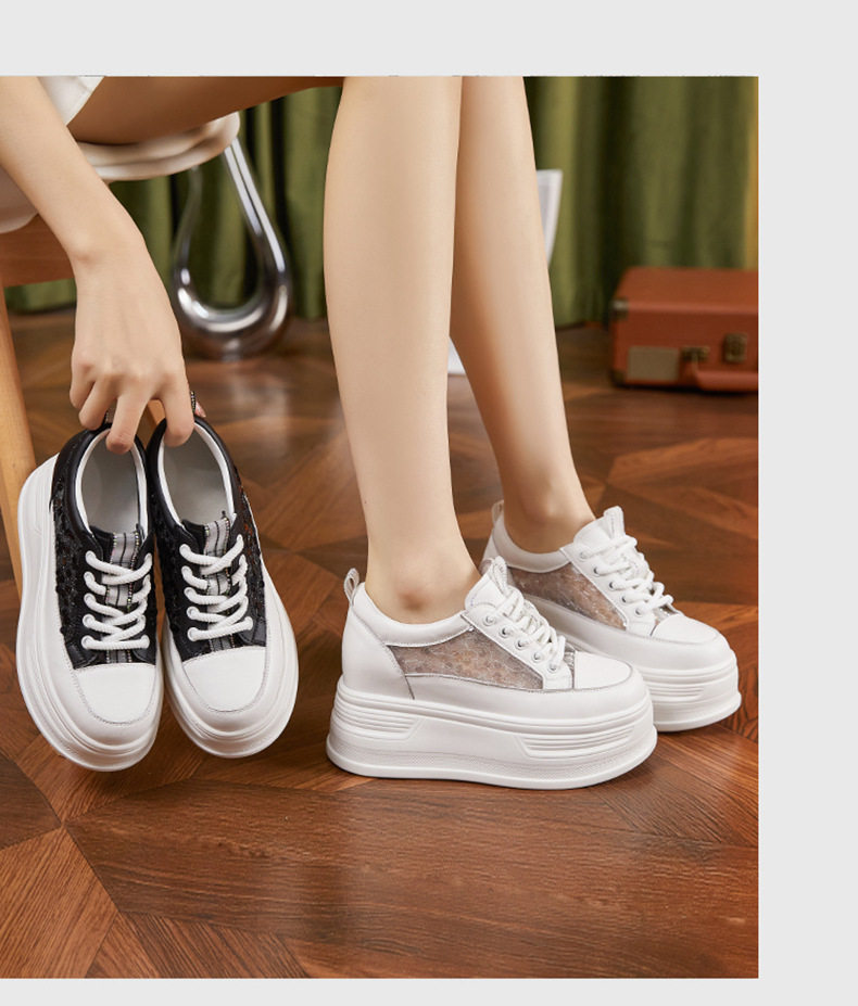 Giày sneaker nữ chunky đế dày lưới thoáng khí phong cách platform — Trắng, Đen chi tiết 11