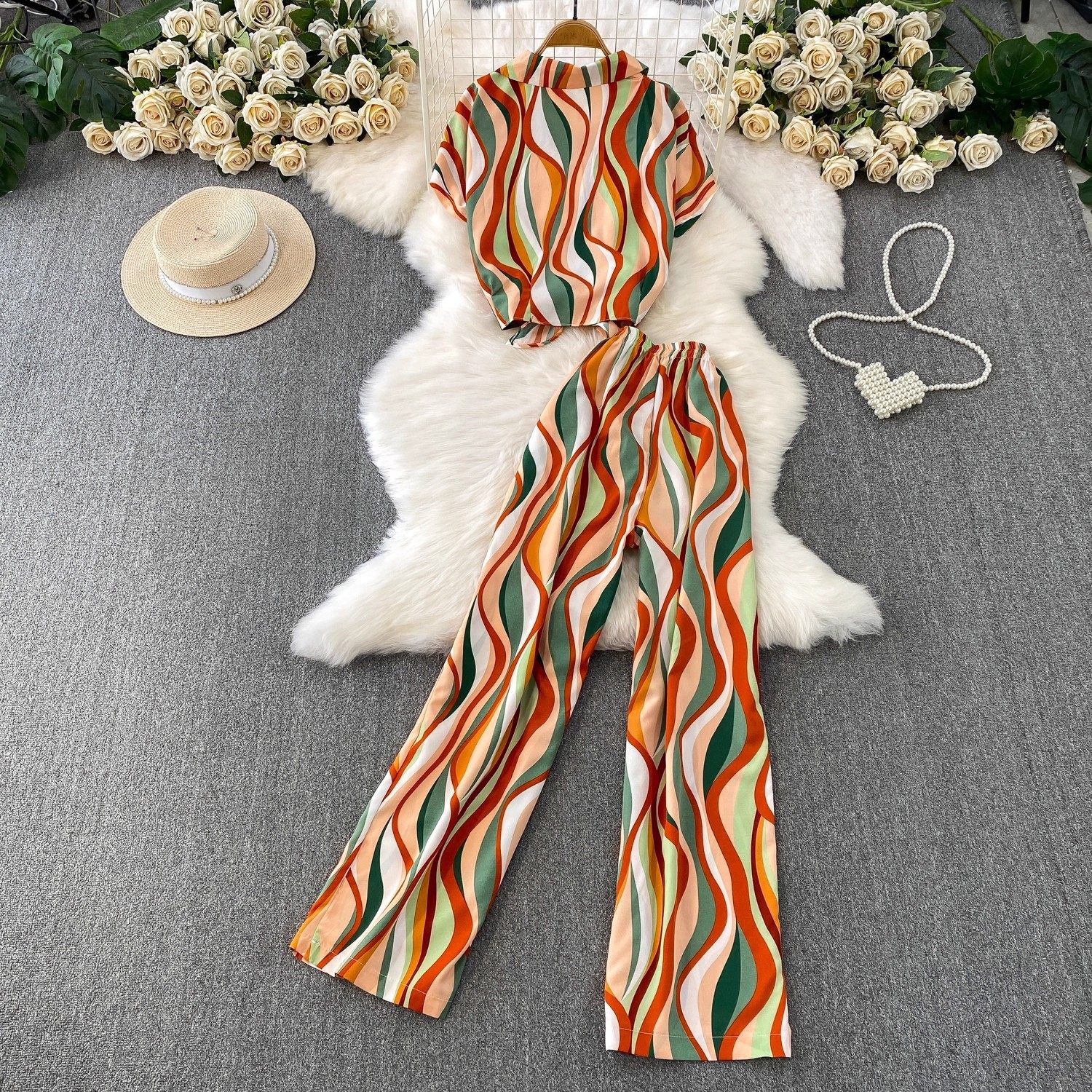 Hong Kong Style Ins Tie Waist Single-Breasted Lapel Short Light Mature Style Striped Shirt Casual Wide-Leg Pants Two-Piece Set