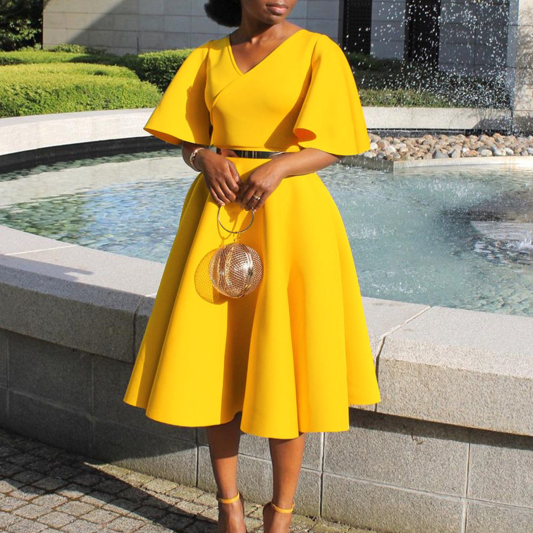V Neck Flare Sleeve Dress Elegant A Line Silhouette Fashionable Design Perfect for Parties Wholesale Available