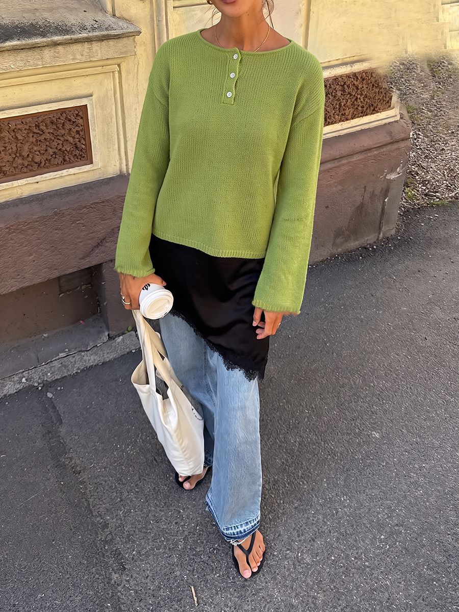 Womens Oversized Knit Sweater Round Neck Button Detail Long Sleeve Solid Color Casual Autumn Winter Top OEM