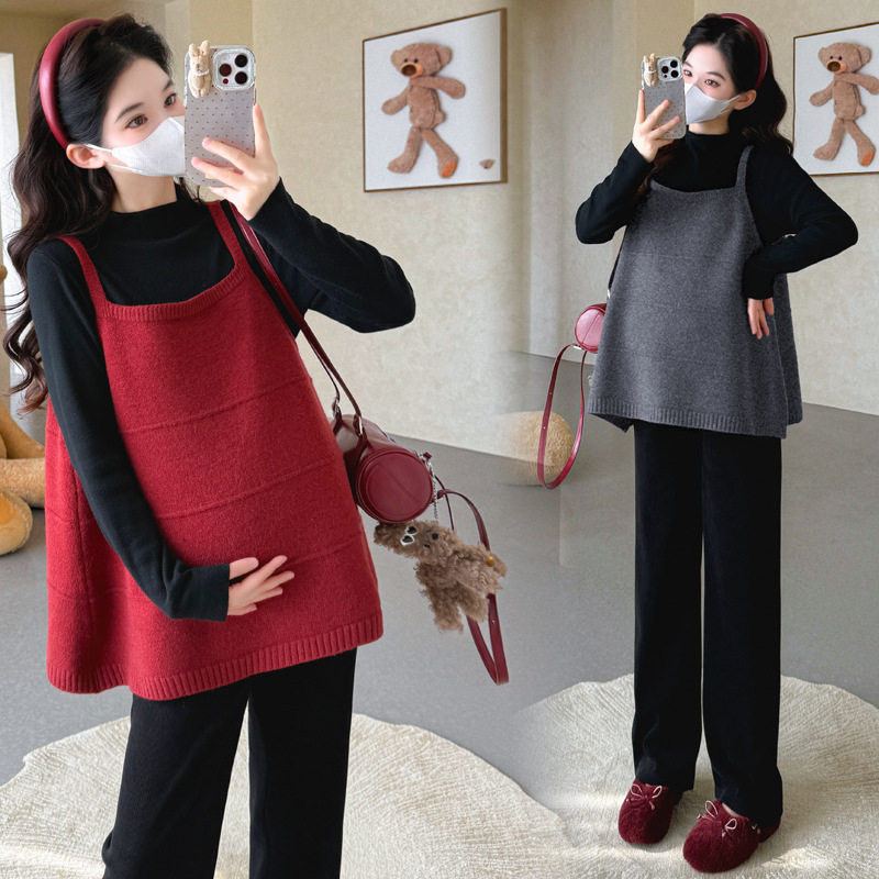 Maternity Autumn New Fashion Stylish Loose Camisole Knit Top Half-Neck Slimming Base Shirt Korean Style Two-Piece Set