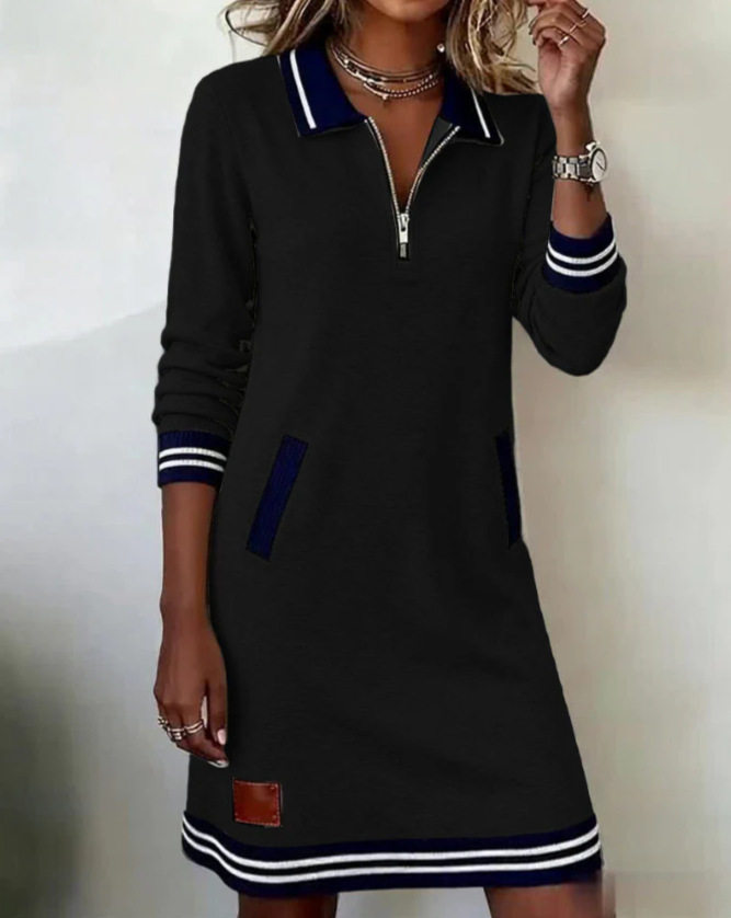 Color Block Long Sleeve Dress Fashionable Lapel Zipper Closure Pocket Design Autumn Collection for Women Wholesale