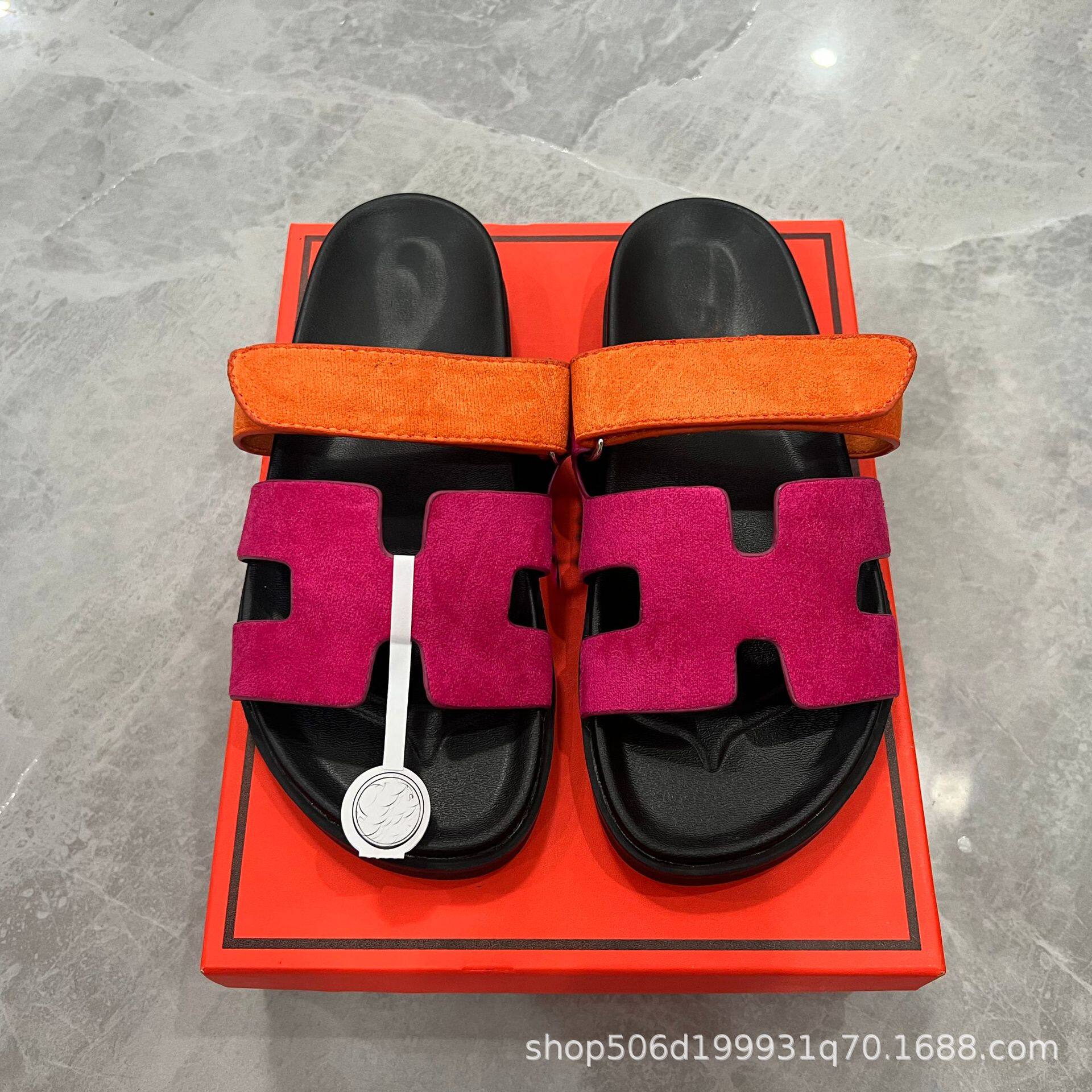 Erjiu Slippers for Women 2025 New Style Flats-Soled One-Line Sandals with Velcro Outer Wear Half-Slip Couple Beach Shoes