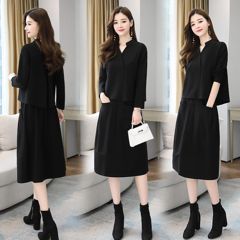 Set Bộ Áo Và Chân Váy Dáng Dài Nữ Tính Thu Đông Thanh Lịch Màu Nâu, Đen, Xám