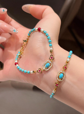 小红书新中式古法绿松石镶钻手链轻奢设计民族风多巴胺复古手饰女