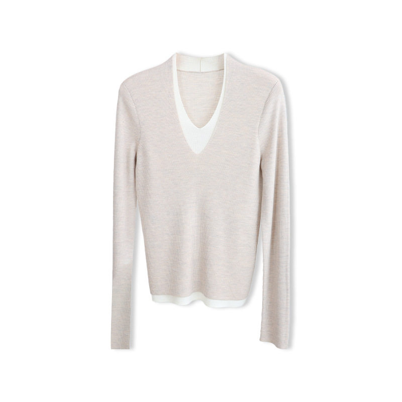 秋冬100%美丽诺羊毛假两件V领针织衫 撞色叠穿打底衫长袖套头上衣