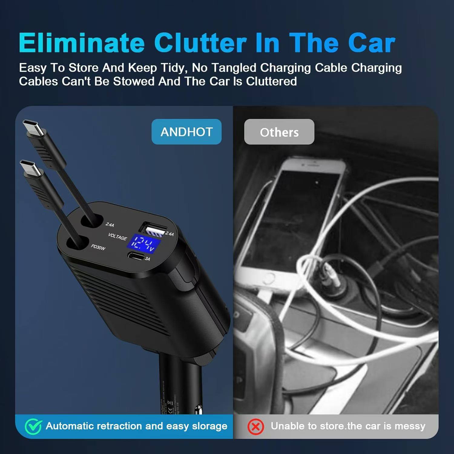 New Private Model Car Charger with Built-In Retractable Cable, 120W Fast Charging, 4-in-1 Adapter, High Current for Car Use