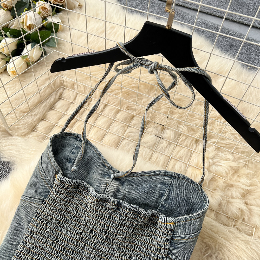 Vintage American Style Halter Crop Top and High Waisted Slimming Mermaid Skirt Set Denim Fabric Casual Summer Outfit