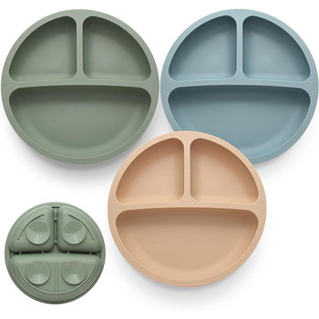 Popular Silicone Children's Dinner Plate Tableware Round Three-Compartment Baby Dinner Plate with Suction Cup Anti-Fall Baby Dinner Plate