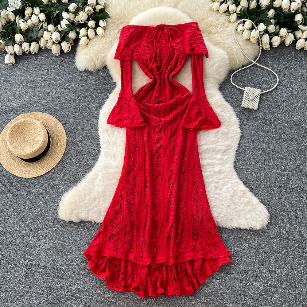 Off Shoulder Lace Hollow Out Dress Slim Fit Waist Cinching Elegant Style Perfect for Office and Special Occasions