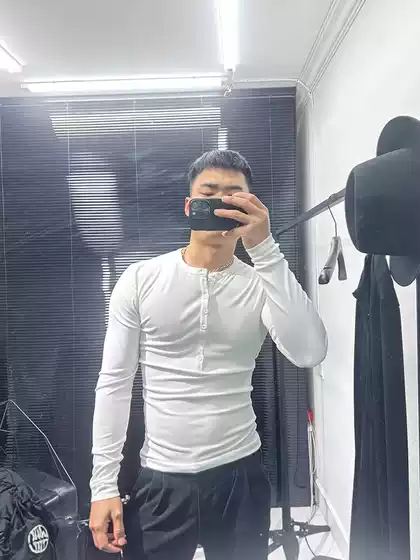 Sexy and Alluring Outfit: Tight-Fitting Stretchy Henley Shirt for Muscular Men, Lightweight and Slightly Sheer Long-Sleeve Top with Half-Open Collar and Buttoned T-Shirt