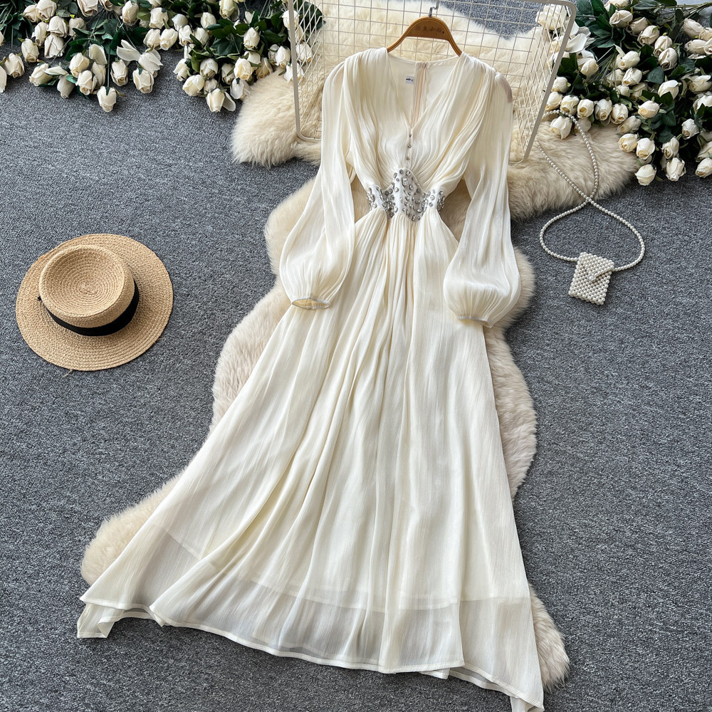 Vintage French Style Red V Neck Lantern Sleeve Beaded Maxi Dress for Women Slim Fit Elegant Flowy Design Perfect for