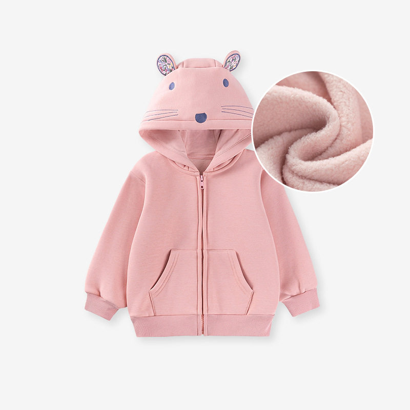 [Style] Kids' Hoodie, Autumn Fleece-lined Solid Color Jacket, Cute Hooded Baby Top
