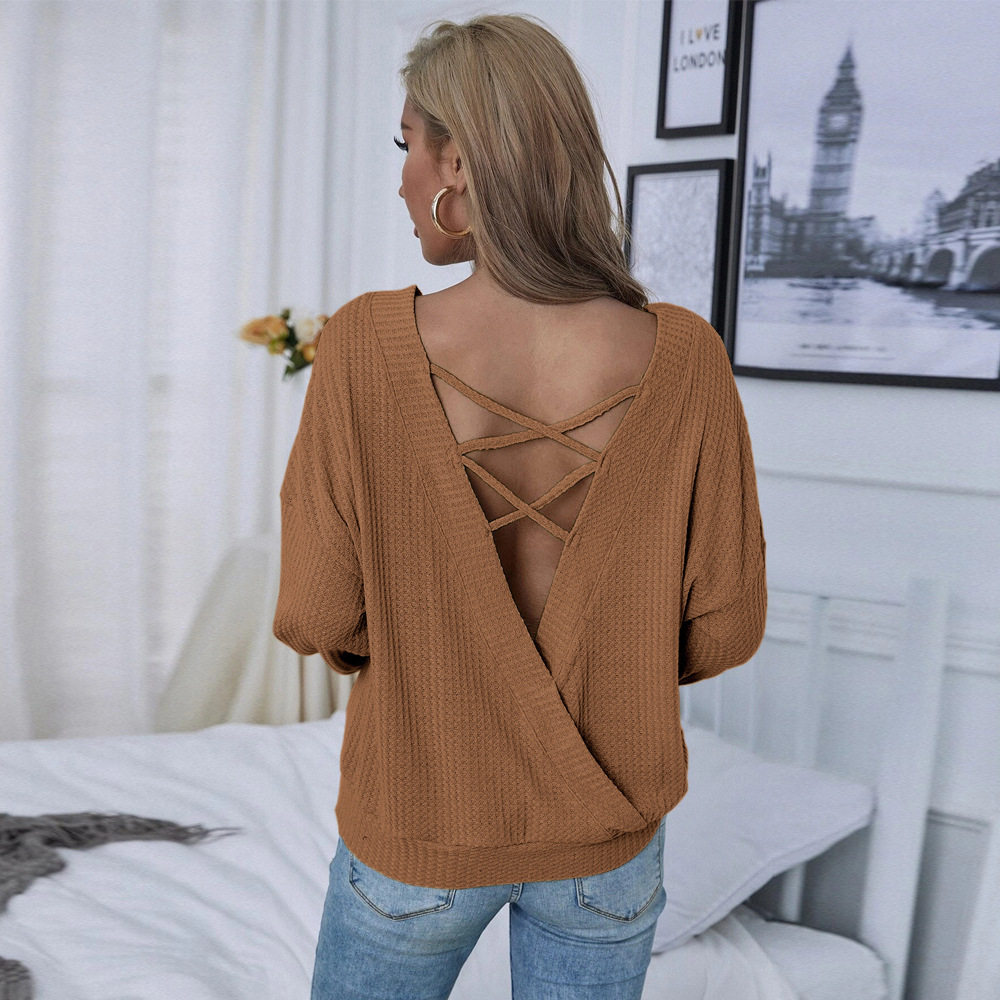 Womens Loose Casual Sexy Backless Long Sleeve T Shirt Spring Summer Waffle Fabric Comfortable Fit Wholesale Available